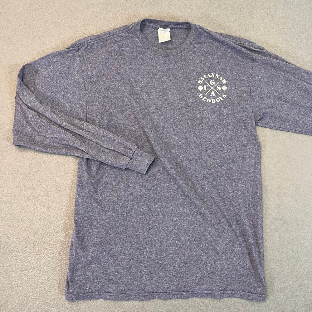 Delta Pro Weights Shirt Mens Lg LS Pullover Heather Gray Blu Savannah GA Graphic